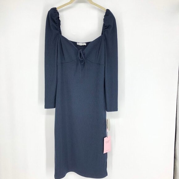 NWT Avec  Les Filles Navy Ribbed Knit Prairie Dress Long Sleeve Midi size M - Picture 2 of 15